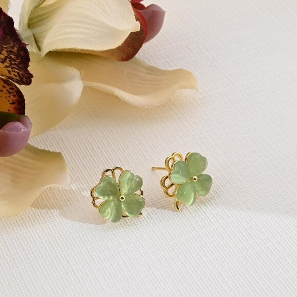 Rotatable Four Leaf Clover Earrings Green Jade Gold Stud Trendy Women - Picture 5 of 7